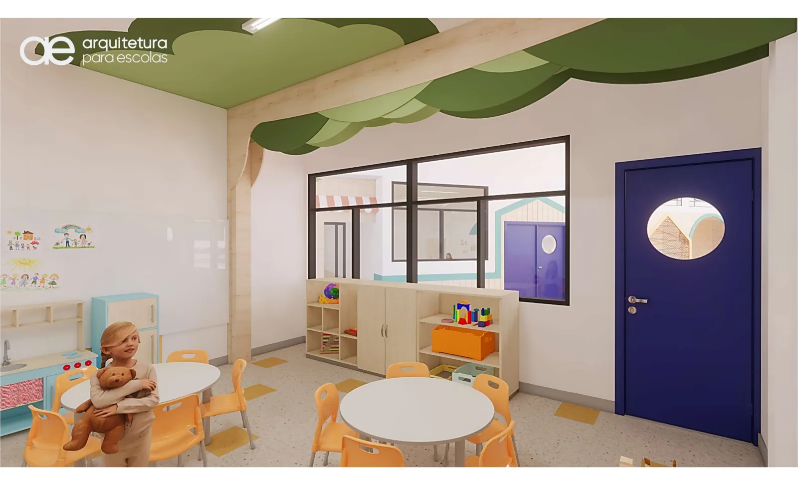 Render da sala de aula do G4 e G5, com armários baixos e teto decorado em formato de árvore