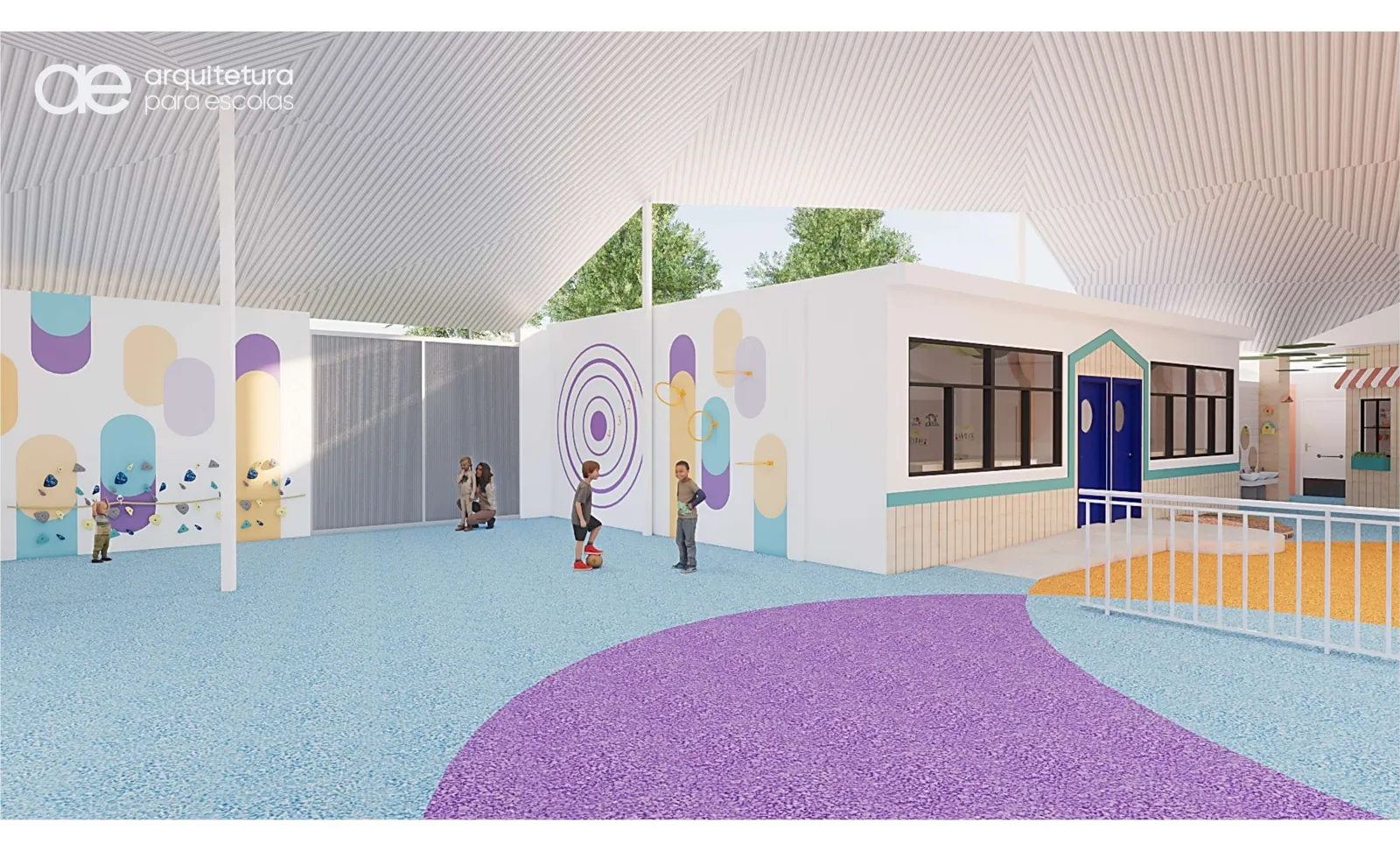 Render da área de recreação coberta com parede de escalada infantil