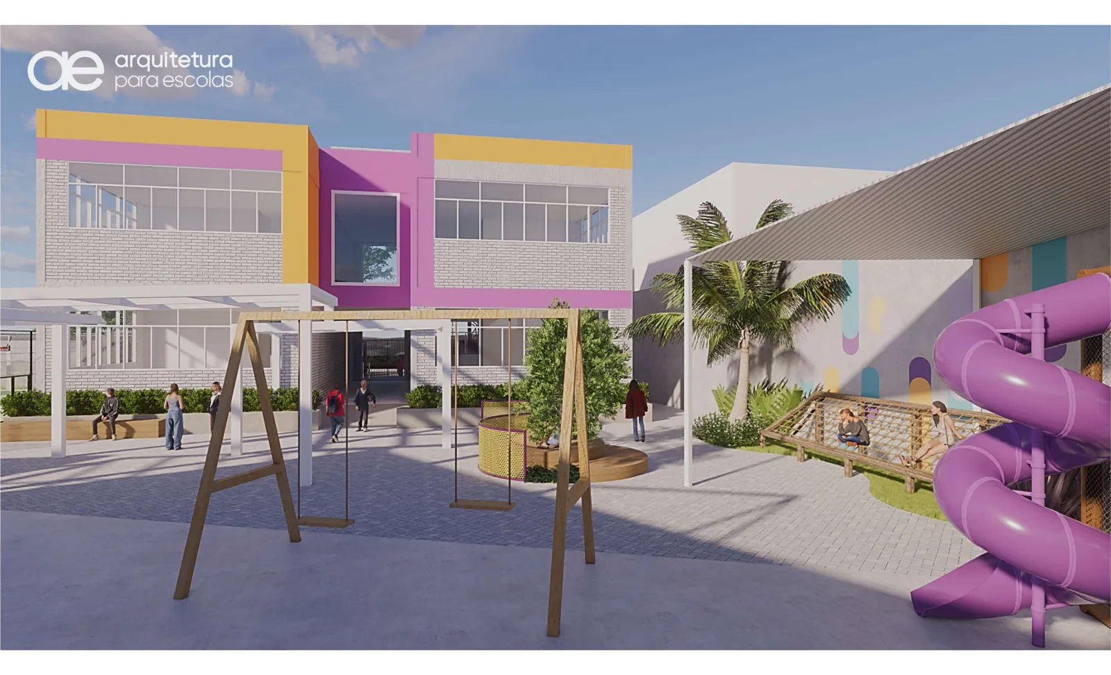 Render do pátio com balanço, tobogã e rede de escalada