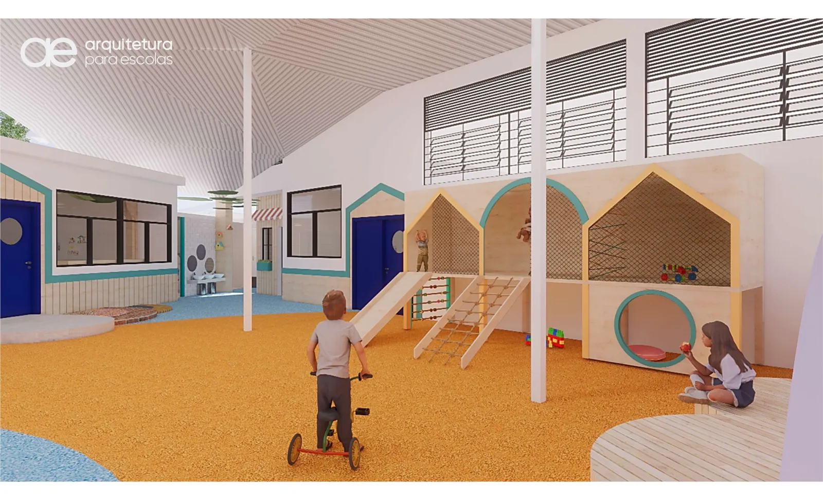 Render do espaço infantil coberto, com casinhas de brincar, rampa de escalada e piso emborrachado