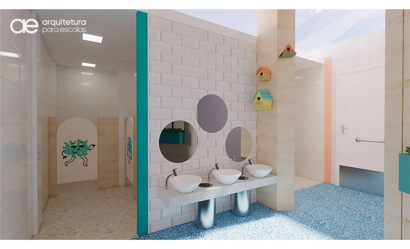 Render do banheiro infantil com pias e espelhos na altura das crianças