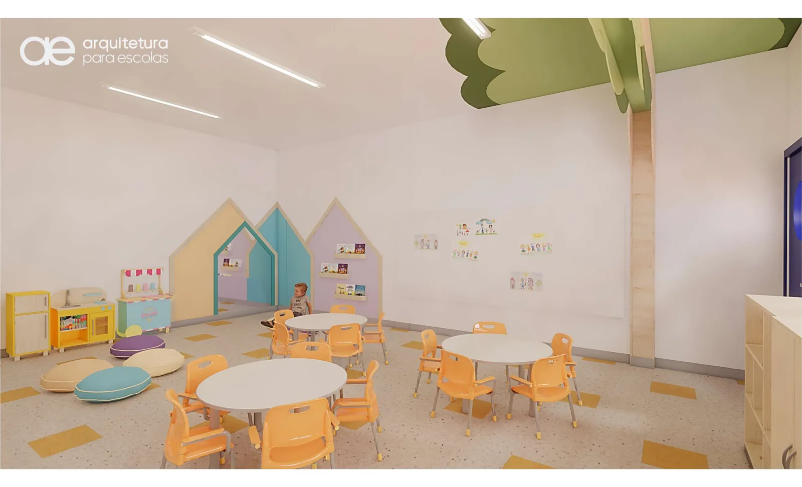 Render da sala de aula do G3, com cantinho de leitura em formato de casinha e mesas redondas